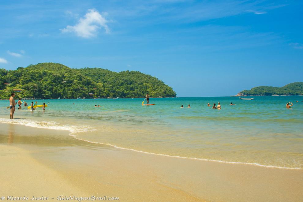 Imagem de turistas nas águas da praia e ao fundo linda vegetação.